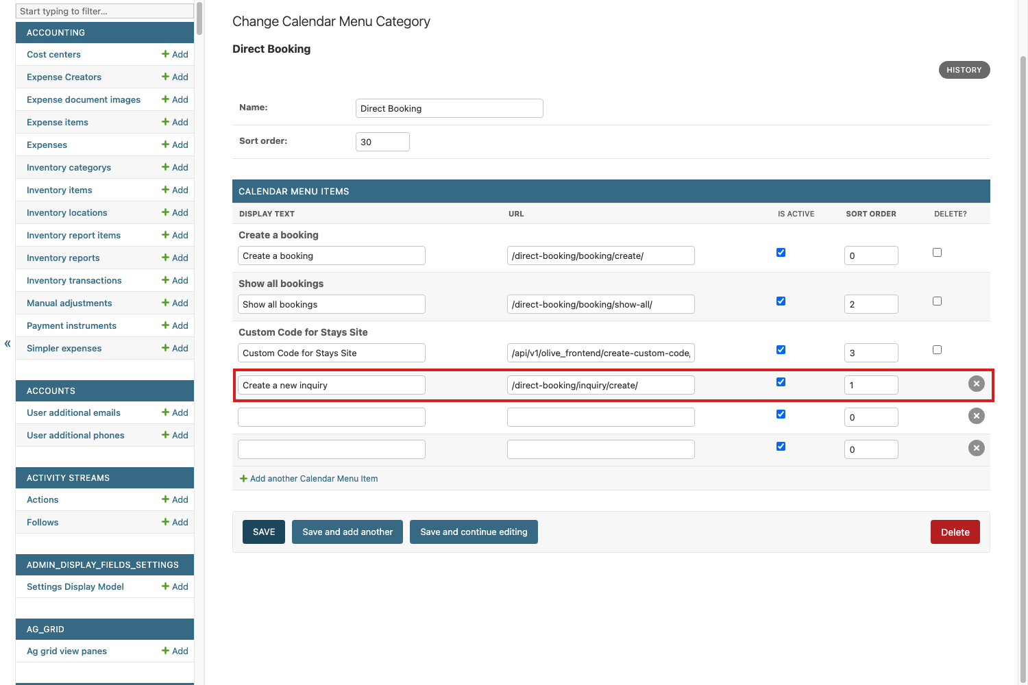 The Django admin inline for the Direct Booking calendar menu category, showing the new menu item row