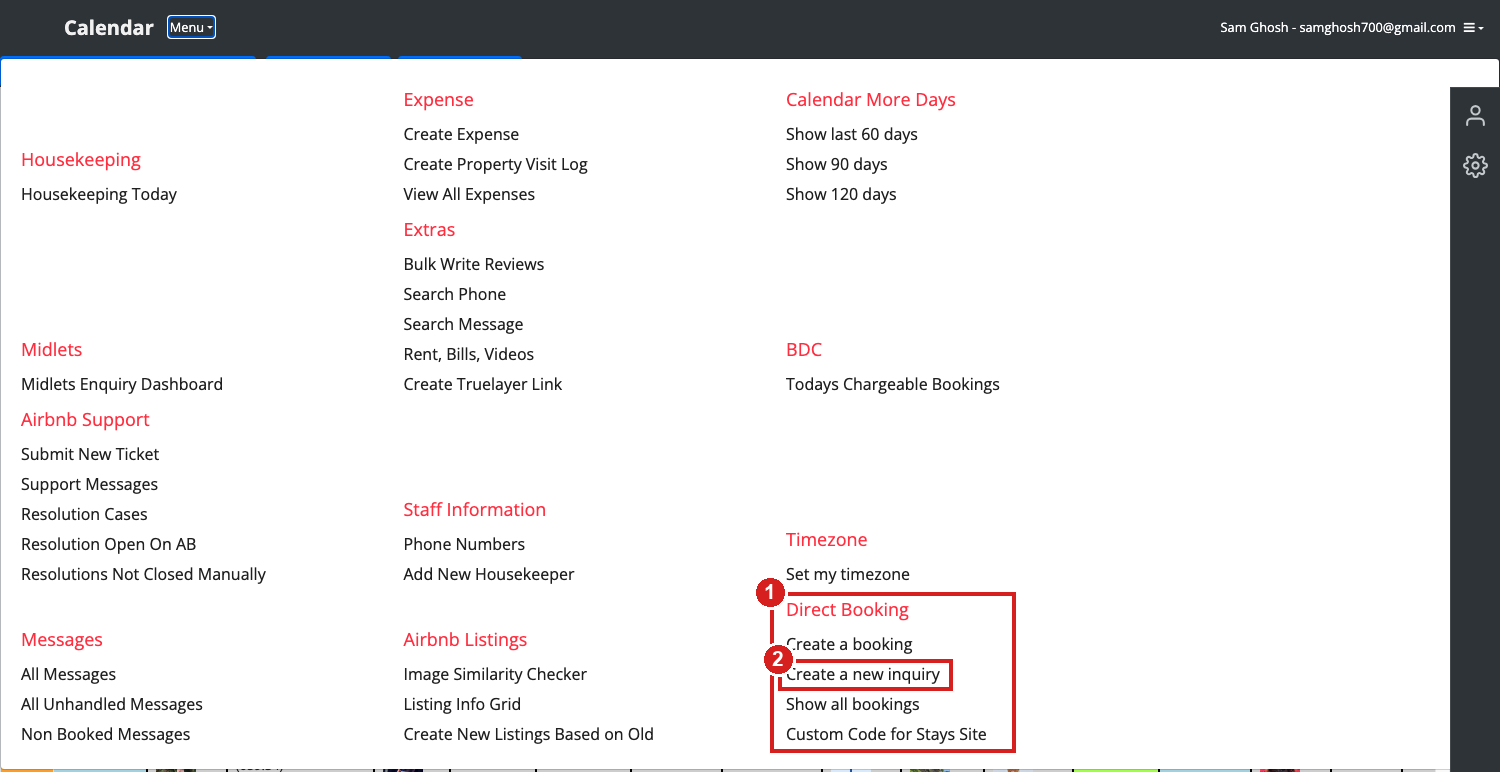 The calendar mega menu open, with the Direct Booking column and the Create a new inquiry link highlighted
