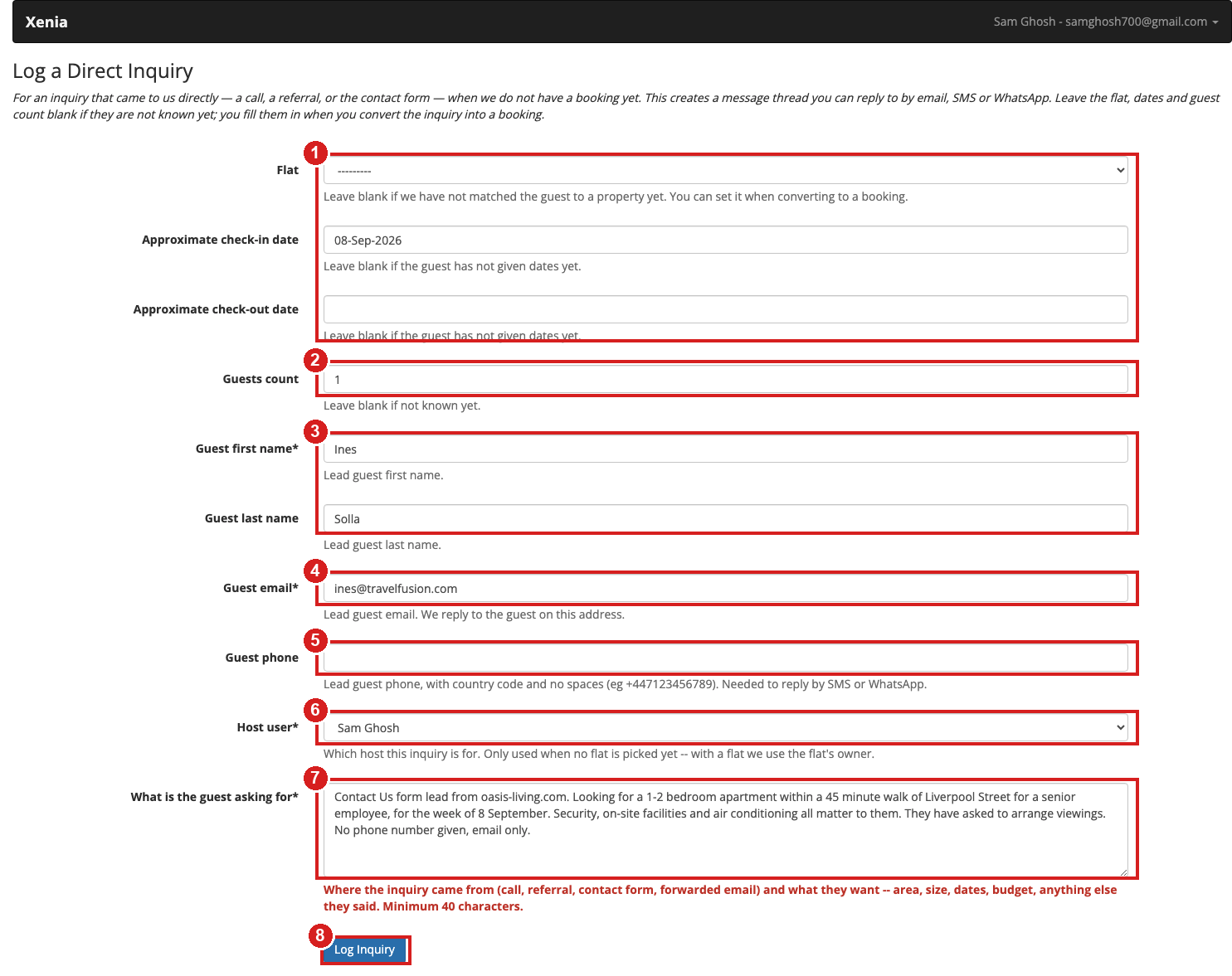 The Log a Direct Inquiry form filled in for Ines Solla, with each field group numbered