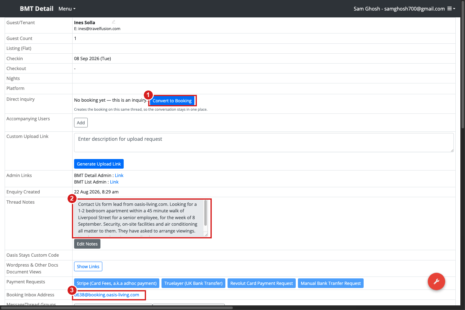 The message thread page for the new inquiry, with the Convert to Booking button, the thread notes and the booking inbox address highlighted