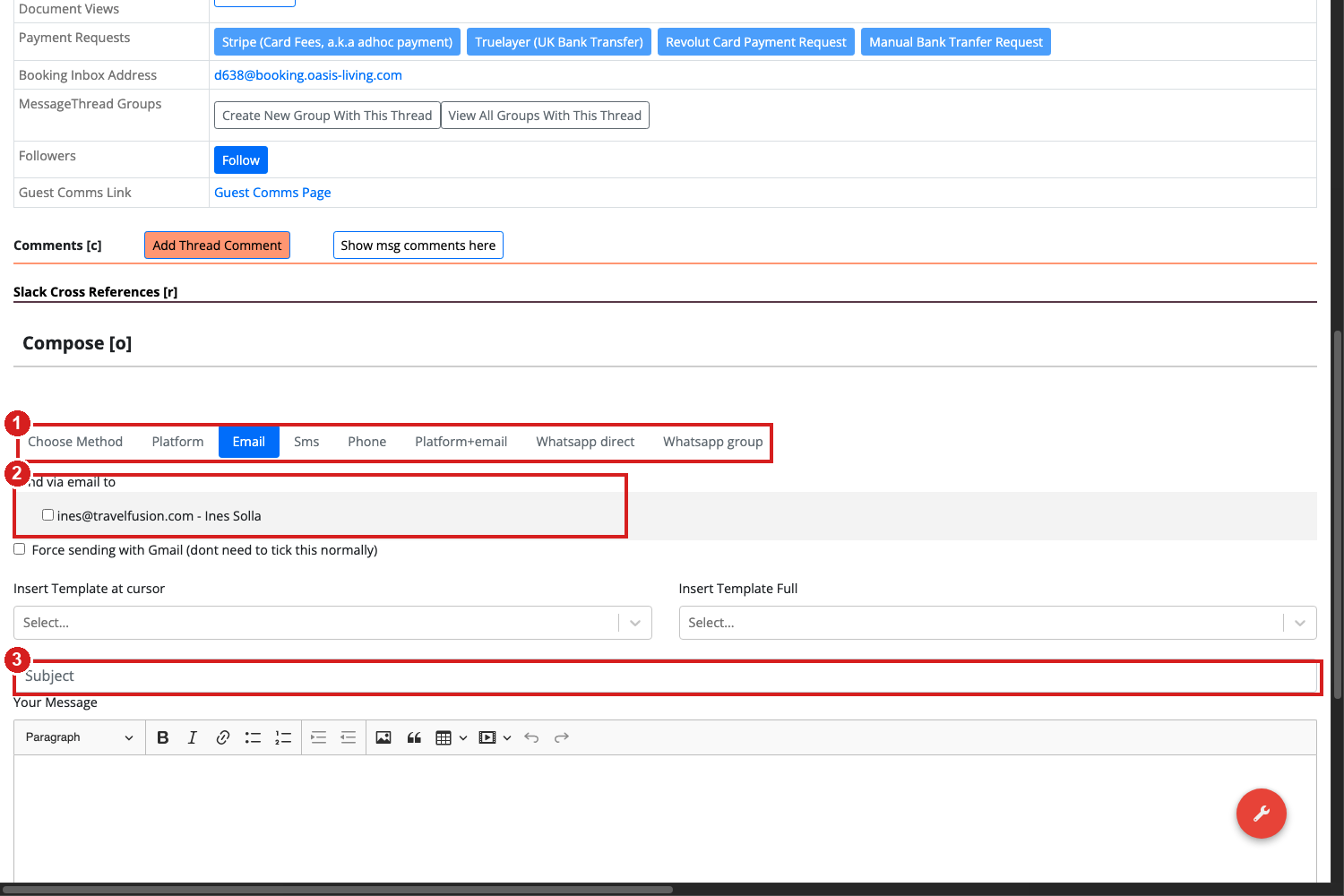 The Compose box on the inquiry thread, with the channel tabs, the pre-filled recipient and the subject line highlighted