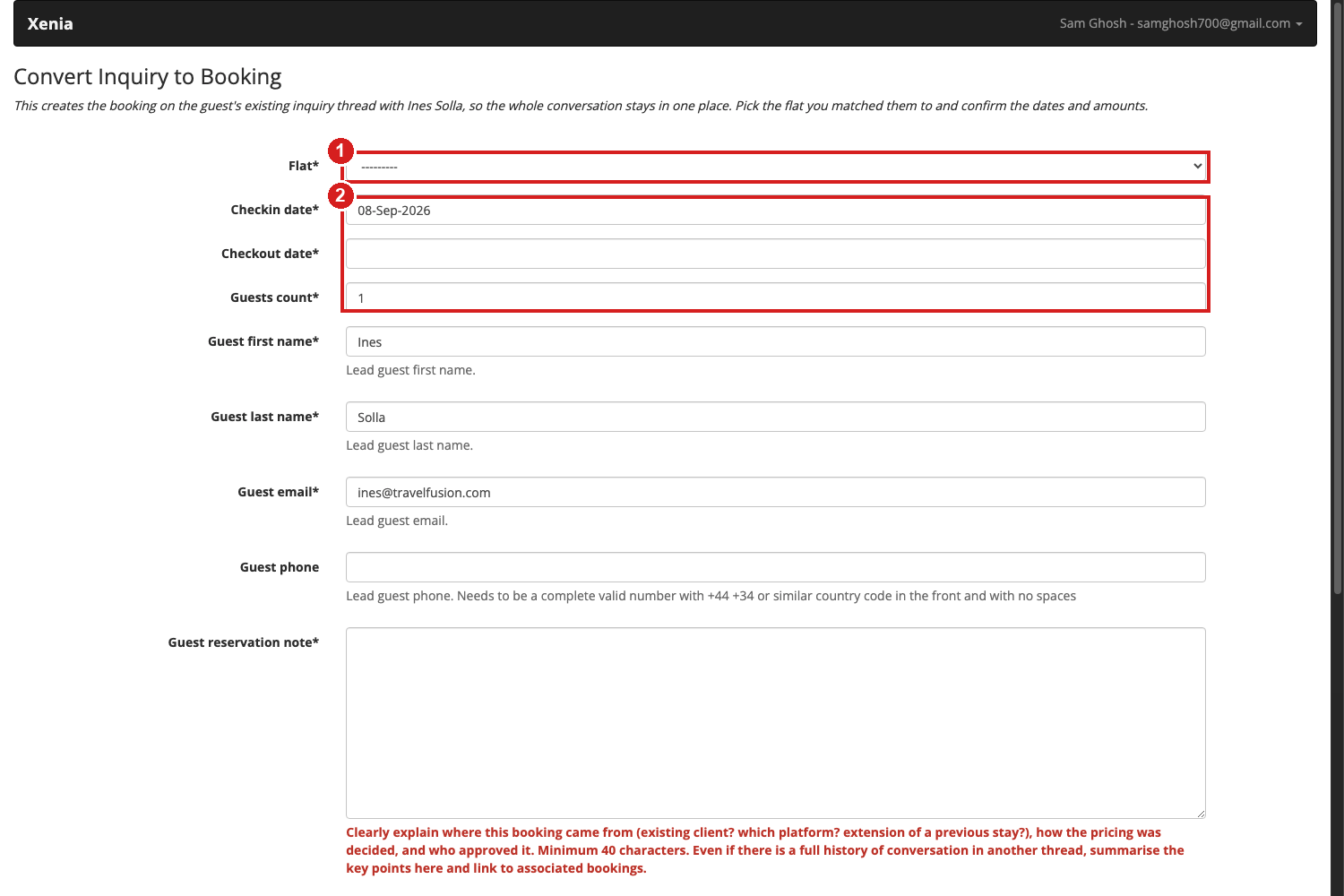 The Convert Inquiry to Booking form, pre-filled from the inquiry, with the flat and date fields highlighted